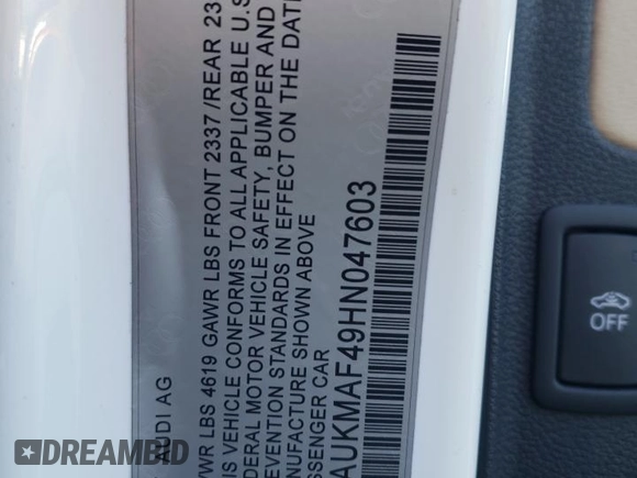 2017 Audi A4 Season of Audi ultra Premium with VIN WAUKMAF49HN047603, listed as a Copart auction lot 50224185 with 48,112 mi miles and Salvage Title. Bid and sale history available at carsss.com. Image 13.