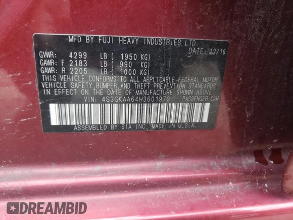 2017 Subaru Impreza with VIN 4S3GKAA64H3601973, listed as a Copart auction lot 57778015 with 73,247 mi miles and Salvage title. Bid and sale history available at DreamBid. Image 12.