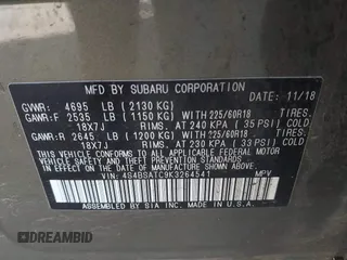 2019 Subaru Outback Touring with VIN 4S4BSATC9K3264541, listed as a IAAI auction lot 41312719 with 133,916 mi miles and . Bid and sale history available at DreamBid. Image 9.