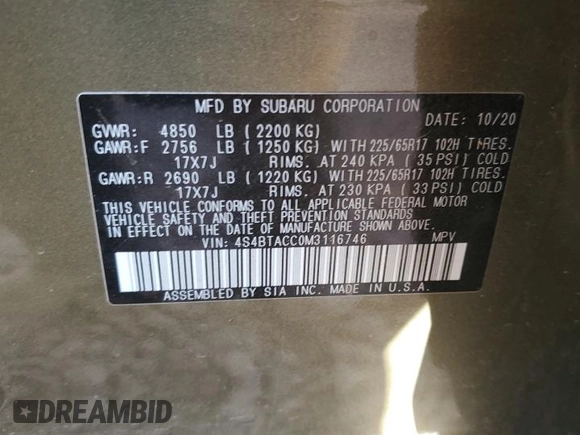 2021 Subaru Outback Premium with VIN 4S4BTACC0M3116746, listed as a Copart auction lot 51261715 with 45,870 mi miles and Salvage Title. Bid and sale history available at DreamBid. Image 14.