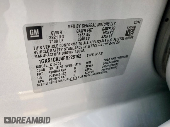 2015 GMC Yukon Denali with VIN 1GKS1CKJ4FR226192, listed as a Copart auction lot 51255745 with 112,342 mi miles and Salvage Title. Bid and sale history available at carsss.com. Image 13.