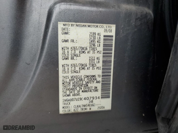 2009 Nissan Frontier SE with VIN 1N6AD07U19C407934, listed as a Copart auction lot 44943105 with 196,401 mi miles and Salvage Title. Bid and sale history available at carsss.com. Image 12.