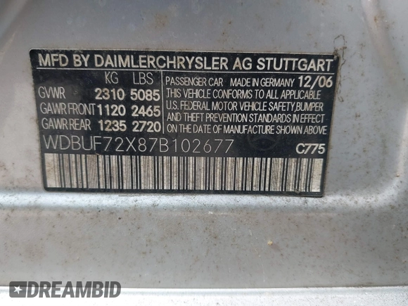 2007 Mercedes-Benz E 550 with VIN WDBUF72X87B102677, listed as a IAAI auction lot 41583518 with Not Provided miles and . Bid and sale history available at DreamBid. Image 9.