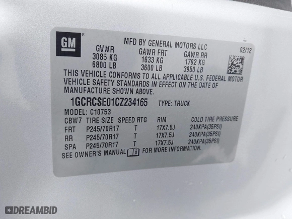 2012 Chevrolet Silverado 1500 LT with VIN 1GCRCSE01CZ234165, listed as a IAAI auction lot 41549568 with 184,834 mi miles. Bid and sale history available at carsss.com. Image 9.