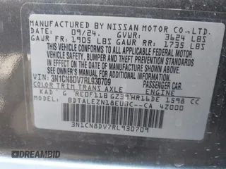 2024 Nissan Versa S with VIN 3N1CN8DV7RL930709, listed as a IAAI auction lot 41958565 with 2,501 mi miles and . Bid and sale history available at DreamBid. Image 9.