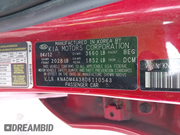 2013 Kia Rio LX with VIN KNADM4A38D6110543, listed as a IAAI auction lot 42068435 with 163,523 mi miles. Bid and sale history available at carsss.com. Image 9.