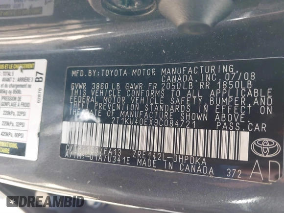 2009 Toyota Matrix with VIN 2T1KU40EX9C084721, listed as a IAAI auction lot 41748177 with 148,374 mi miles. Bid and sale history available at carsss.com. Image 9.