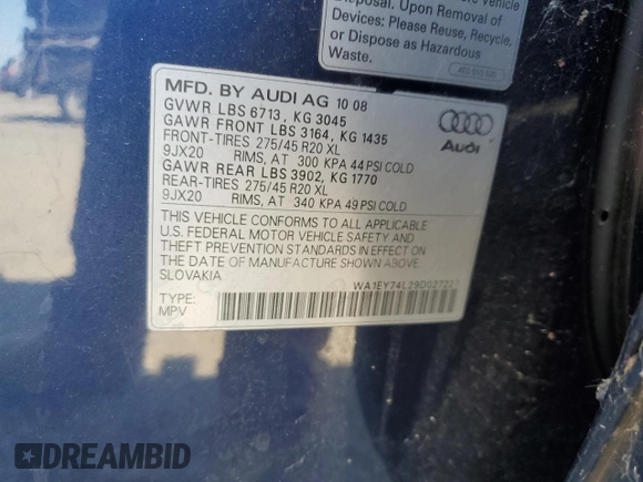 2009 Audi Q7 Premium Plus with VIN WA1EY74L29D027227, listed as a Copart auction lot 72714054 with 116,194 mi miles and Salvage title. Bid and sale history available at DreamBid. Image 15.