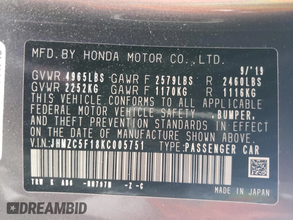 2019 Honda Clarity Plug-In Hybrid with VIN JHMZC5F18KC005751, listed as a Copart auction lot 79472574 with 43,826 mi miles and Salvage Title. Bid and sale history available at carsss.com. Image 12.