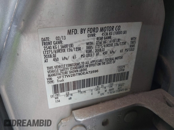 2013 Ford F-250 XL with VIN 1FT7W2BT9DEA72596, listed as a IAAI auction lot 42399011 with 275,470 mi miles and . Bid and sale history available at DreamBid. Image 9.