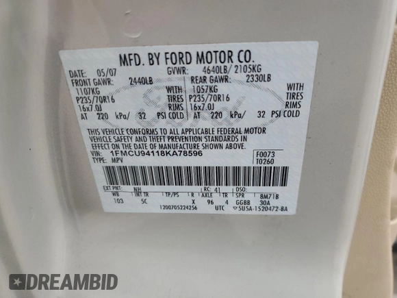 2008 Ford Escape Limited z VIN 1FMCU94118KA78596, wystawiony jako Copart lot #58429665 z przebiegiem 148 988 mil mil oraz Czysty tytuł • Clean title. Historia ofert i sprzedaży dostępna na DreamBid. Obrazek 12.