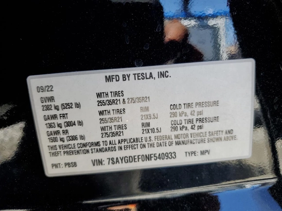 2022 Tesla Model Y Performance z VIN 7SAYGDEF0NF540933, wystawiony jako Copart lot #56087145 z przebiegiem 59 717 mil mil oraz Szkoda całkowita • Salvage title. Historia ofert i sprzedaży dostępna na DreamBid. Obrazek 13.