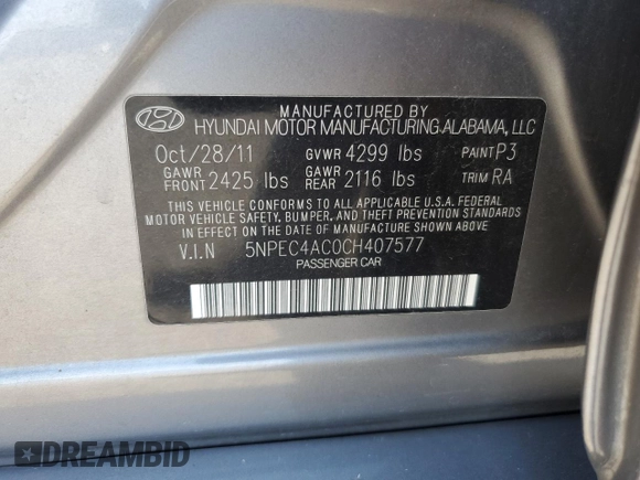 2012 Hyundai Sonata Limited with VIN 5NPEC4AC0CH407577, listed as a Copart auction lot 54094655 with 231,084 mi miles and Salvage Title. Bid and sale history available at carsss.com. Image 12.