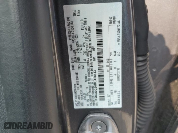 2021 Ford Escape SE with VIN 1FMCU0G66MUA68843, listed as a Copart auction lot 58894625 with 136,123 mi miles and Clean title. Bid and sale history available at DreamBid. Image 12.