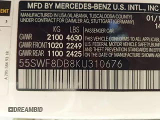 2019 Mercedes-Benz C 300 with VIN 55SWF8DB8KU310676, listed as a IAAI auction lot 41932900 with 37,800 mi miles and . Bid and sale history available at DreamBid. Image 9.