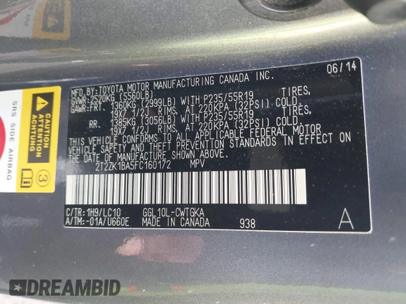 2015 Lexus RX 350 with VIN 2T2ZK1BA5FC160172, listed as a IAAI auction lot 42074483 with 190,642 mi miles and . Bid and sale history available at carsss.com. Image 9.