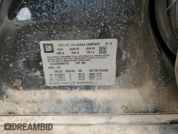 2016 Buick Encore with VIN KL4CJESB4GB637701, listed as a Copart auction lot 46697865 with 138,848 mi miles and Salvage Title. Bid and sale history available at DreamBid. Image 14.