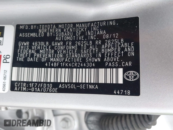 2012 Toyota Camry L z VIN 4T4BF1FK4CR244304, wystawiony jako IAAI lot #42157209 z przebiegiem 200 851 mil mil oraz . Historia ofert i sprzedaży dostępna na DreamBid. Obrazek 9.