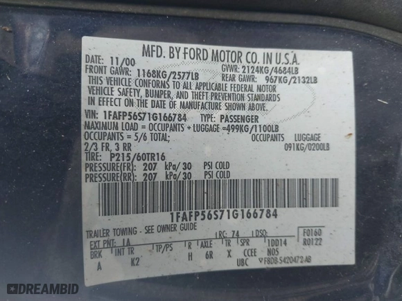 2001 Ford Taurus SEL with VIN 1FAFP56S71G166784, listed as a IAAI auction lot 41827761 with 98,465 mi miles. Bid and sale history available at carsss.com. Image 9.