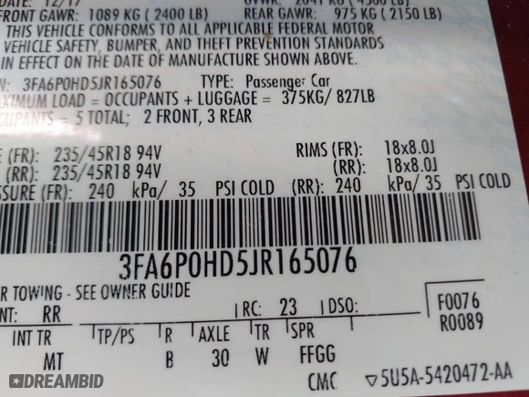 2018 Ford Fusion SE with VIN 3FA6P0HD5JR165076, listed as a IAAI auction lot 41216260 with 33,864 mi miles. Bid and sale history available at carsss.com. Image 9.