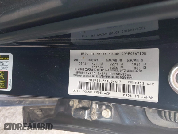 2021 Mazda 3 Select с VIN JM1BPBBL3M1334417, выставлен на аукционе IAAI как лот 42296677 с пробегом 37 142 миль миль и . История ставок и продаж доступна на DreamBid. Изображение 9.