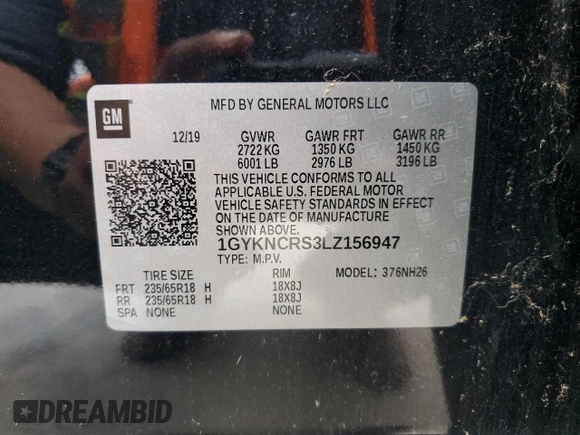 2020 Cadillac XT5 Premium Luxury FWD with VIN 1GYKNCRS3LZ156947, listed as a Copart auction lot 56508805 with Not provided miles and Non repairable. Bid and sale history available at DreamBid. Image 12.