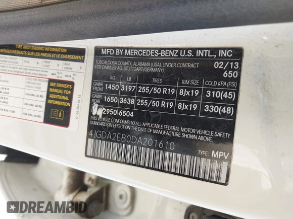 2013 Mercedes-Benz M 350 with VIN 4JGDA2EB0DA201610, listed as a IAAI auction lot 41763528 with 188,416 mi miles and . Bid and sale history available at DreamBid. Image 9.