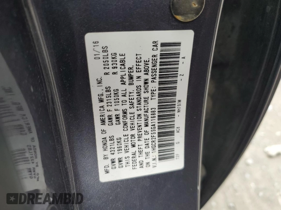 2016 Honda Accord Sport with VIN 1HGCR2F55GA116883, listed as a Copart auction lot 57898515 with 233,007 mi miles and Salvage title. Bid and sale history available at DreamBid. Image 12.