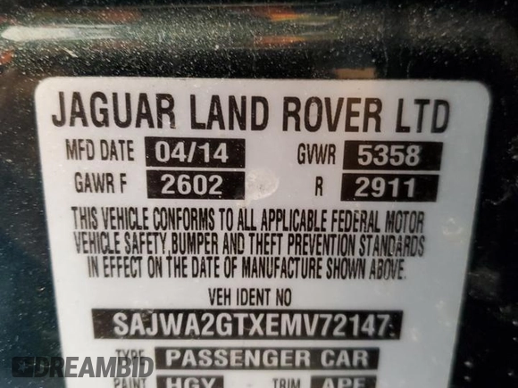 2014 Jaguar XJ with VIN SAJWA2GTXEMV72147, listed as a Copart auction lot 44854485 with 103,814 mi miles and Salvage Title. Bid and sale history available at DreamBid. Image 12.
