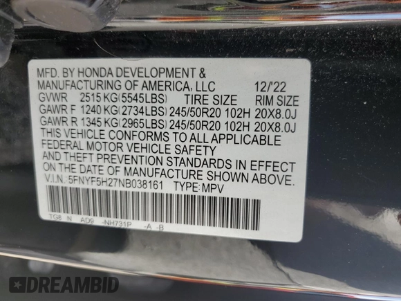 2022 Honda Pilot Special Edition with VIN 5FNYF5H27NB038161, listed as a Copart auction lot 46130565 with 62,413 mi miles and Salvage Title. Bid and sale history available at DreamBid. Image 13.
