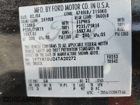 2004 Ford Ranger XL with VIN 1FTYR10U24TA20272, listed as a Copart auction lot 63594485 with 187,837 mi miles and Salvage title. Bid and sale history available at DreamBid. Image 12.