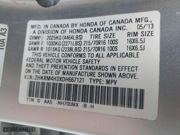 2013 Honda CR-V LX with VIN 2HKRM4H3XDH667121, listed as a IAAI auction lot 41959360 with 207,930 mi miles. Bid and sale history available at carsss.com. Image 9.