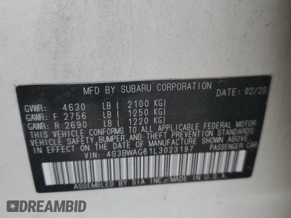 2020 Subaru Legacy Special Sports with VIN 4S3BWAG61L3023197, listed as a Copart auction lot 41856175 with 89,016 mi miles and Salvage Title. Bid and sale history available at carsss.com. Image 14.