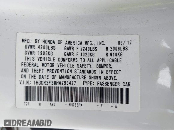 2017 Honda Accord Sedan LX with VIN 1HGCR2F38HA293427, listed as a IAAI auction lot 42109593 with 80,370 mi miles. Bid and sale history available at carsss.com. Image 9.