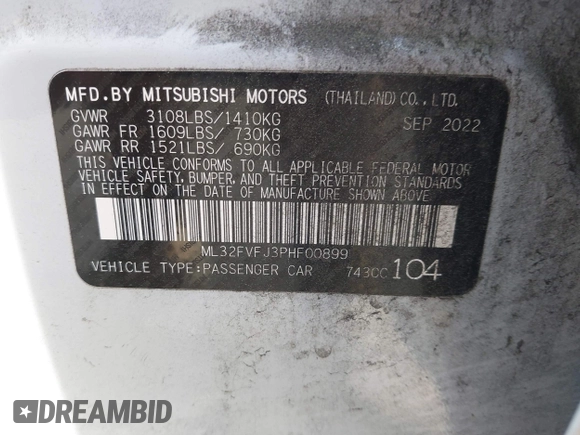 2023 Mitsubishi Mirage SE z VIN ML32FVFJ3PHF00899, wystawiony jako IAAI lot #42106066 z przebiegiem 35 720 mil mil oraz . Historia ofert i sprzedaży dostępna na DreamBid. Obrazek 9.