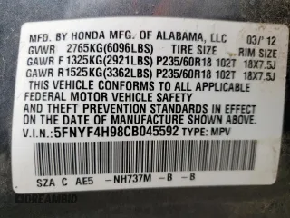 2012 Honda Pilot Touring with VIN 5FNYF4H98CB045592, listed as a Copart auction lot 51527465 with 251,806 mi miles and Salvage Title. Bid and sale history available at carsss.com. Image 15.