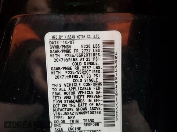 2009 Nissan Murano S with VIN JN8AZ18W49W100268, listed as a Copart auction lot 51925865 with 184,121 mi miles and Salvage Title. Bid and sale history available at carsss.com. Image 13.