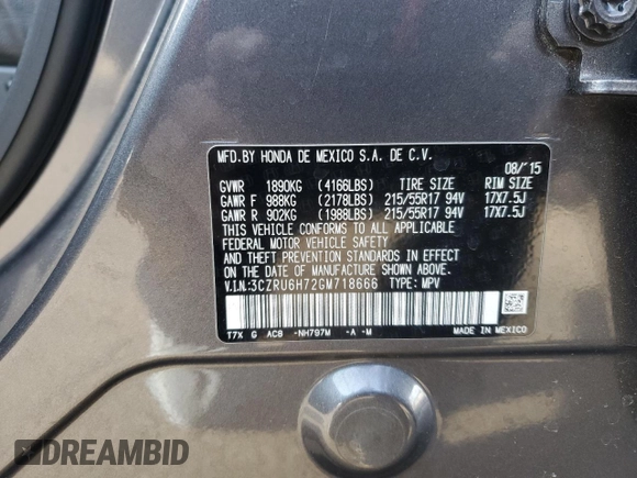 2016 Honda HR-V EX-L w/Navi with VIN 3CZRU6H72GM718666, listed as a Copart auction lot 49876295 with 56,276 mi miles and Salvage Title. Bid and sale history available at carsss.com. Image 15.
