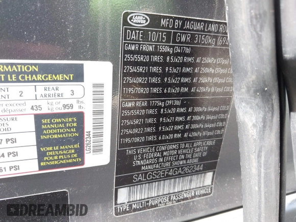 2016 Land Rover Range Rover Supercharged with VIN SALGS2EF4GA262344, listed as a IAAI auction lot 42111550 with 101,985 mi miles and . Bid and sale history available at DreamBid. Image 9.
