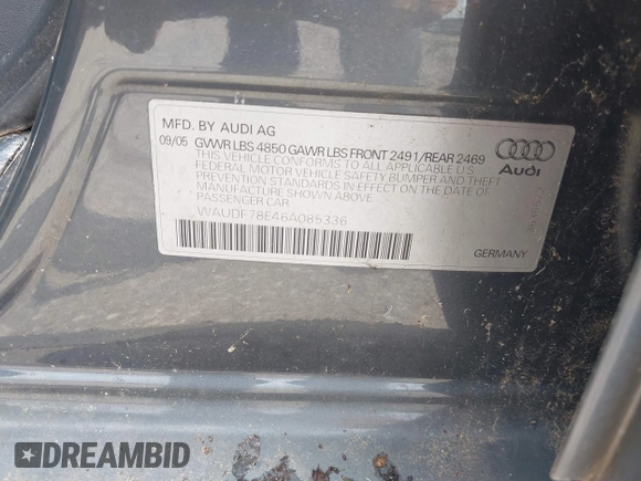2006 Audi A4 2.0T with VIN WAUDF78E46A085336, listed as a IAAI auction lot 42118817 with 1 mi miles. Bid and sale history available at carsss.com. Image 9.