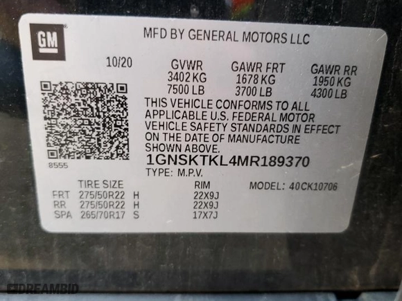 2021 Chevrolet Tahoe High Country with VIN 1GNSKTKL4MR189370, listed as a Copart auction lot 79392694 with 52,247 mi miles and Salvage Title. Bid and sale history available at carsss.com. Image 13.