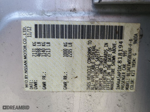 2013 Nissan Maxima 3.5 S with VIN 1N4AA5AP1DC818194, listed as a Copart auction lot 50682645 with 126,375 mi miles and Salvage Title. Bid and sale history available at carsss.com. Image 13.