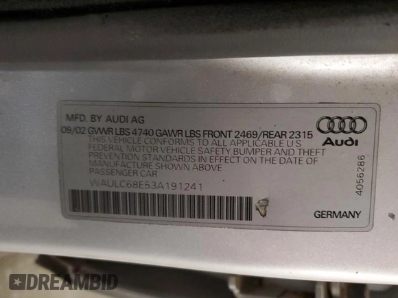 2003 Audi A4 1.8T with VIN WAULC68E53A191241, listed as a Copart auction lot 70051454 with 228,777 mi miles and Salvage Title. Bid and sale history available at carsss.com. Image 12.