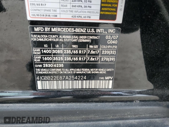 2007 Mercedes-Benz M 320 CDI with VIN 4JGBB22E87A254224, listed as a Copart auction lot 85074444 with Not Provided miles and Salvage Title. Bid and sale history available at carsss.com. Image 13.
