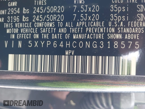 2022 Kia Telluride S with VIN 5XYP64HC0NG318575, listed as a IAAI auction lot 42607732 with 10,422 mi miles and . Bid and sale history available at DreamBid. Image 9.