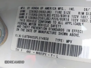2015 Acura RDX with VIN 5J8TB4H35FL014658, listed as a IAAI auction lot 42034673 with 1 mi miles. Bid and sale history available at carsss.com. Image 9.