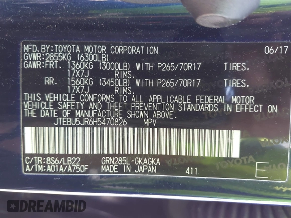 2017 Toyota 4Runner SR5 with VIN JTEBU5JR6H5470826, listed as a IAAI auction lot 42021376 with 60,460 mi miles and . Bid and sale history available at DreamBid. Image 9.