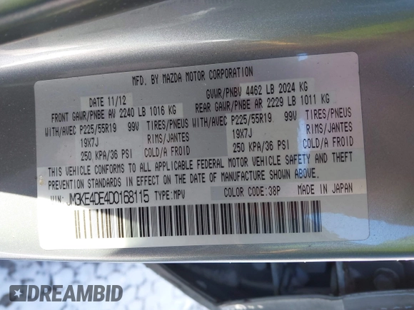 2013 Mazda CX-5 Grand Touring with VIN JM3KE4DE4D0168115, listed as a IAAI auction lot 41610004 with 190,690 mi miles. Bid and sale history available at carsss.com. Image 9.