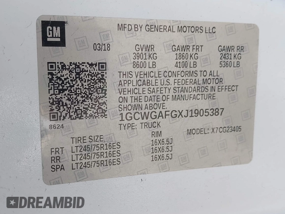 2018 Chevrolet Express Cargo with VIN 1GCWGAFGXJ1905387, listed as a IAAI auction lot 42127421 with 162,942 mi miles and . Bid and sale history available at DreamBid. Image 9.