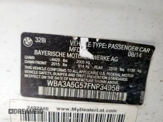 2015 BMW 3 Series 328i with VIN WBA3A5G57FNP34958, listed as a Copart auction lot 58589225 with 136,422 mi miles and Salvage title. Bid and sale history available at DreamBid. Image 12.